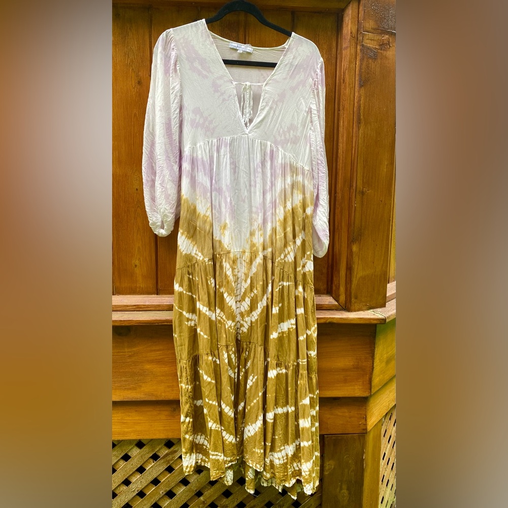 YOUNG FABULOUS AND BROKE tie dye 3/4 balloon sleeve boho tiered maxi dress XS